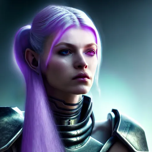 Prompt: an ultra realistic, cinematic, close up portrait, of a pale woman in sci - fi bionic crystal armor with purple ponytail, stoic, sylvanas windrunner, soft light, dreamy, facial features, detailed, deep focus, movie still, dramatic lighting, ray tracing, by michal karcz and yoshitaka