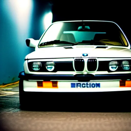 Image similar to a modified bmw e 3 0 with lights on in a futuristic neon parking garage, 3 5 mm photography, car photography, clean lines, realistic