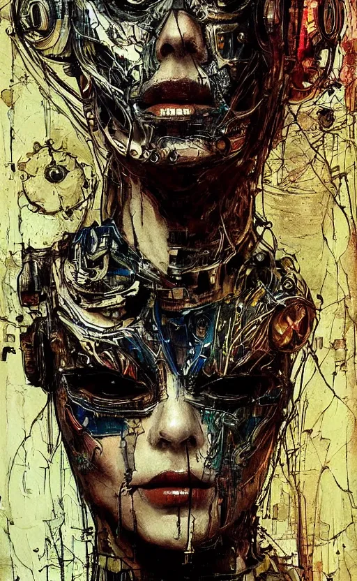 Prompt: beautiful woman made of mech mask rendered in unreal engine, cyberpunk, rave, scifi, painted by albrecht durer | bernard buffet | carne griffiths | wlop