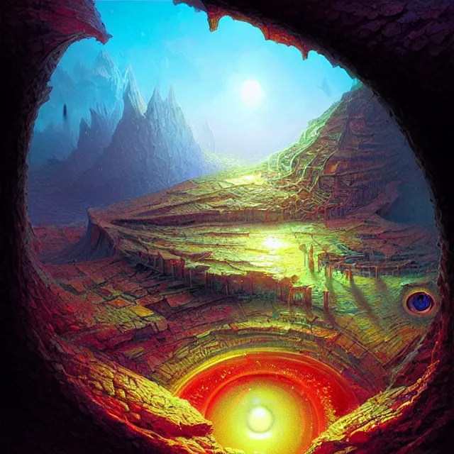 Image similar to microscopic view of the human eye, fantasy landscape is seen inside the iris of the eye, illuminati eye, colorful, sharp and focus, ultra detailed, beautifully lit, in the art style of marc simonetti and john harris