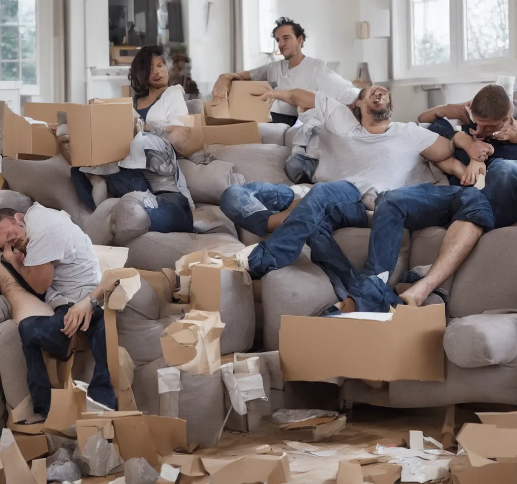 Prompt: a man whose head is rotated by 9 0 degrees sits on a sofa next to his wife. they are trying to construct a flat packed kindergarten that they bought from ikea last week. they are beginning to crave clam chowder