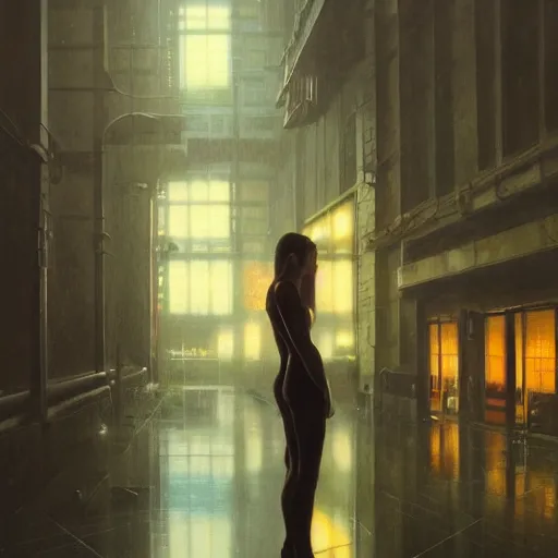 Image similar to detailed portrait of a woman, moment, cyberpunk cloisters, electronic billboards, tech noir, wet reflections, atmospheric, ambient, livia prima, greg rutkowski, edward hopper