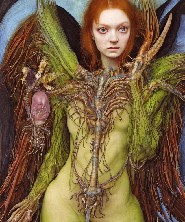 Prompt: a portrait photograph of a alien harpy succubus with amphibian skin. she looks like sadie sink and is dressed in a colorful slimy organic membrane catsuit. she is transforming into an insect. by donato giancola, hans holbein, walton ford, gaston bussiere, peter mohrbacher and hr giger. 8 k, cgsociety, fashion editorial