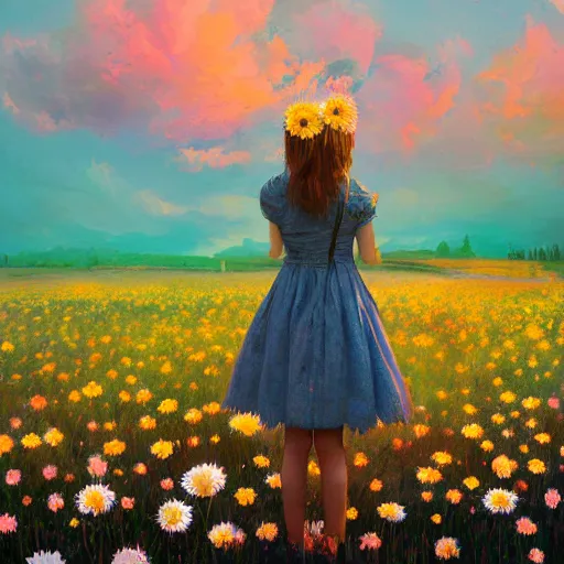 Image similar to girl with a full daisies head, surreal photography, flower field, sunset dramatic light, impressionist painting, colorful clouds, blue sky, digital painting, artstation, simon stalenhag