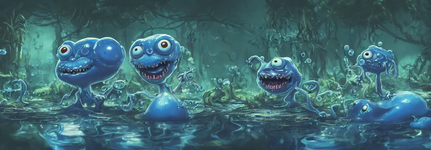 Prompt: of an intricate murky pond with strange cute friendly happy blue evil creatures with huge eyes long tongue round teeth and funny face appearing from the water, in the style of craola, macro lens, shallow depth of field, highly detailed, digital painting, trending artstation, concept art, illustration, cinematic lighting, vibrant colors, photorealism, epic, octane render
