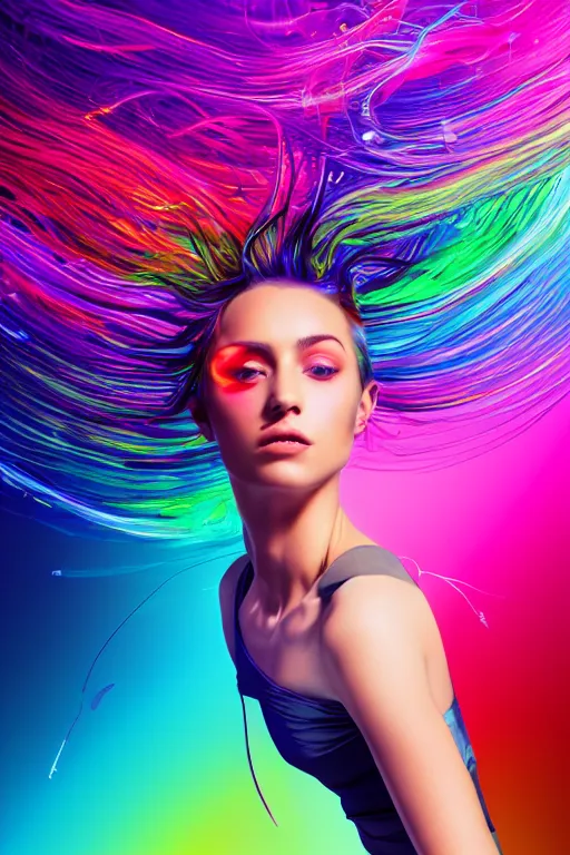 Image similar to a award winning half body portrait of a beautiful woman with stunning eyes in a croptop and cargo pants with rainbow colored ombre hairstyle head in motion and hair flying by thomas danthony, surrounded by whirling illuminated liquids and lines, outrun, vaporware, shaded flat illustration, digital art, trending on artstation, highly detailed, fine detail, intricate