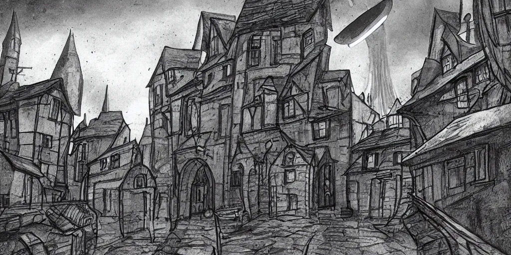 Prompt: ufo's invading a medieval town, view from the street, concept art