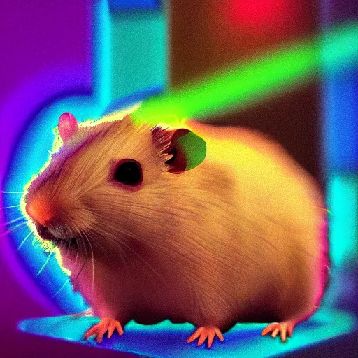 Image similar to cyberpunk hamster! holding rainbow! gem! crystal, neon lights, light reflection, 8 k, hd