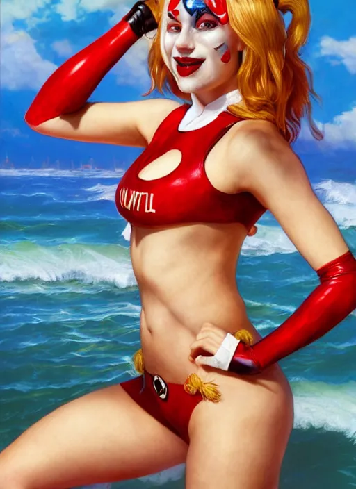 Prompt: portrait Harley Quinn as sea lifeguard on the beach, full length shot, shining, 8k highly detailed, sharp focus, illustration, art by artgerm, mucha, bouguereau