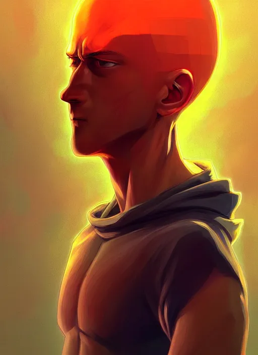 Image similar to handsome saitama, half body shot, path traced, red and yellow, highly detailed, high quality, digital painting, alena aenami, lilia alvarado, shinji aramaki, karol bak, alphonse mucha, tom bagshaw