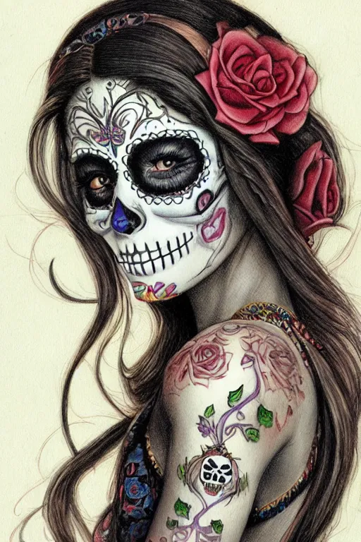 Image similar to Illustration of a sugar skull day of the dead girl, art by John Howe