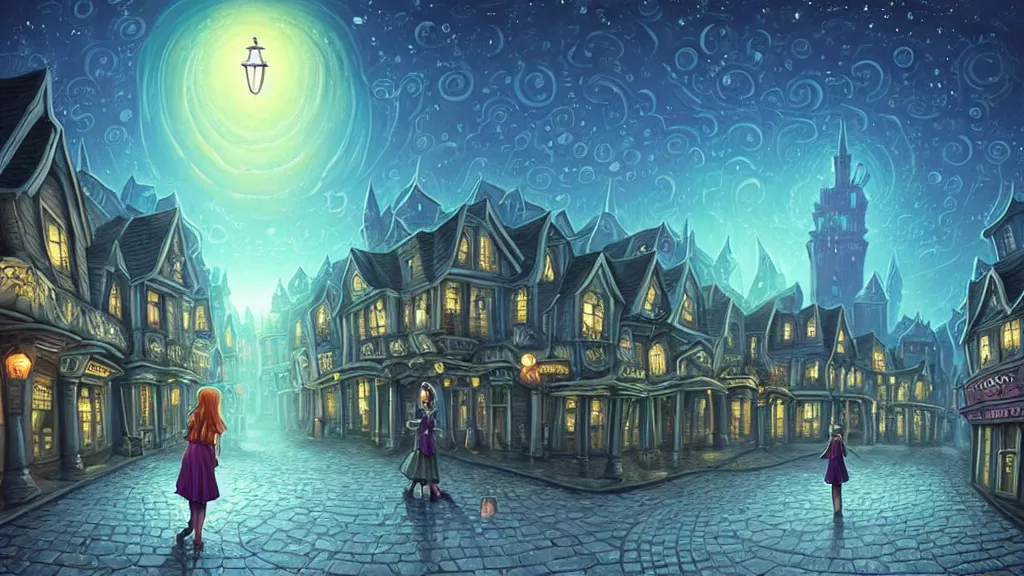 Prompt: lady dressed in short skirt walks in empty lovecraftian town square surrounded by houses and inns.. cthulhu statue.. lovecraftian city at night by cyril rolando and naomi okubo and dan mumford and ricardo bofill.. lovecraft.. cobbled streets.. oil lamp posts.. lovecraftian.. starry night swirly sky.