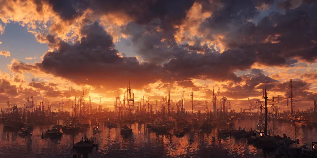 Image similar to a cinematic frame of a steampunk harbor at sunset, beautiful clouds in the sky, gold and copper color scheme hyperdetailed, 8 k