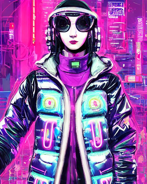 Image similar to detailed portrait Neon Operator Girl, cyberpunk futuristic neon, reflective puffer jacket, black leggings, decorated with traditional Japanese ornaments by Ismail inceoglu dragan bibin hans thoma !dream detailed portrait Neon Operator Girl, cyberpunk futuristic neon, reflective puffy coat, decorated with traditional Japanese ornaments by Ismail inceoglu dragan bibin hans thoma greg rutkowski Alexandros Pyromallis Nekro Rene Maritte Illustrated, Perfect face, fine details, realistic shaded, fine-face, pretty face