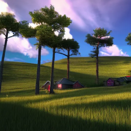 Prompt: windows xp backround with few houses and trees, award winning, trending on artstation, unreal engine