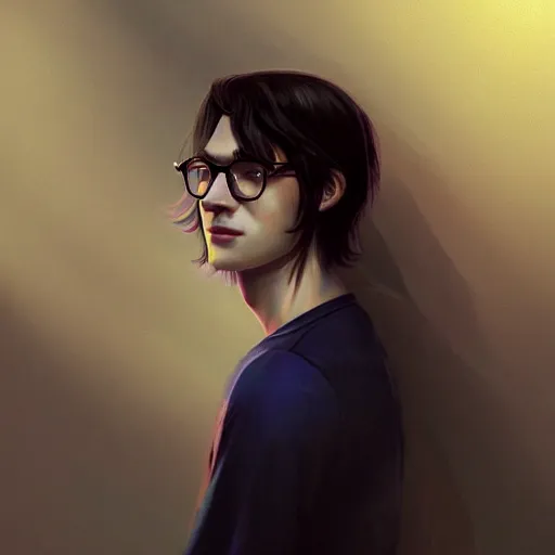 Prompt: colorful and festive captivating young man with straight long black hair, round glasses, innocent smile, wearing a white t - shirt, atmospheric lighting, painted, intricate, highly detailed by charlie bowater