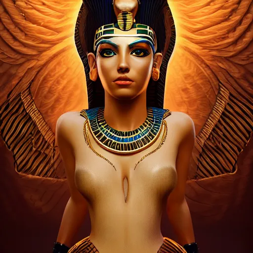 Image similar to a stunning artstation style portrait painting of an Egyptian goddess, in the style of WLOP, eyes filled with a hypnosis spiral, 8k masterpiece, curvy, slim build, full body view, wide view cinematic lighting, pristine clean design, fantasy, insanely detailed, atmospheric