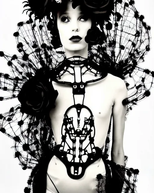 Prompt: dreamy surreal poetic black and white photo of a beautiful young bio-mechanical-female-cyborg-plant-plastic-robot with a very long neck and a super big gothic lace collar and a very high big floral crown with many black dry roses by Vivienne Westwood:: smoke, high fashion, haute couture, rococo, avant-garde, elegant, dreamy, hyper realistic, 150 mm lens, soft rim light, octane render, unreal engine, picture was taken in 1910 by Dora Maar, volumetric lighting, dramatic light,8k,