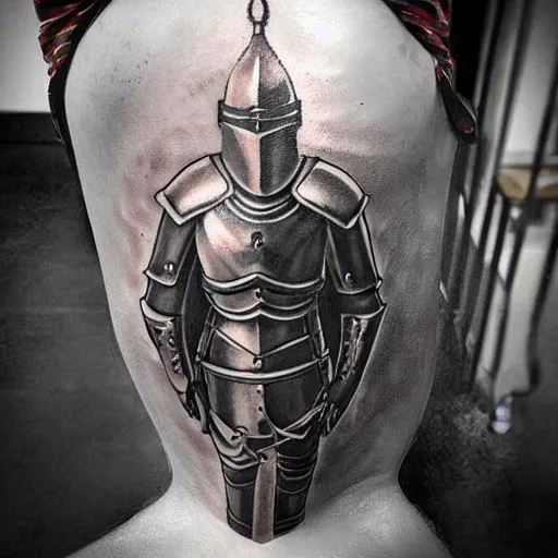 Image similar to A knight in armor, tattoo, tattoo art, Black and grey tattoo style