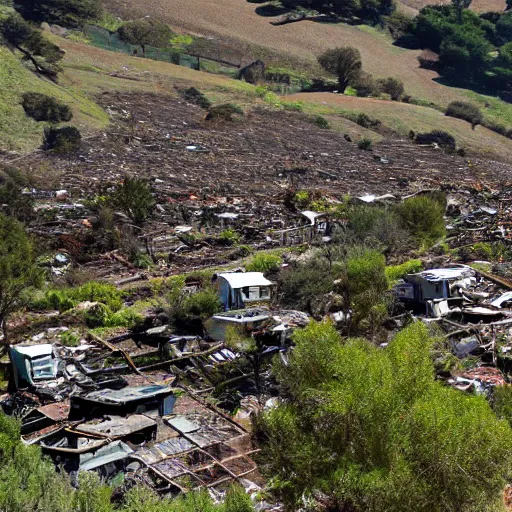 Prompt: sonoma hillside bliss screensaver with many broken dilapidated old computers graveyard, wide angle lens