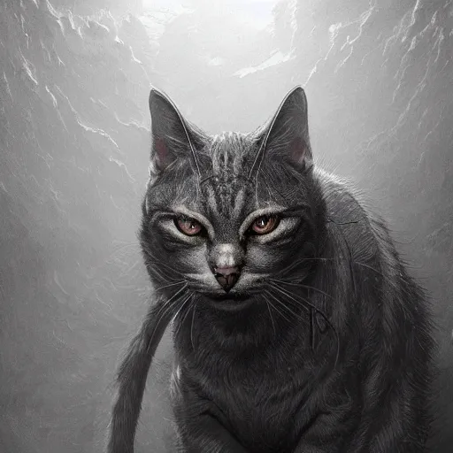 Image similar to photorealistic demonic cat in the style of michael whelan and gustave dore. hyperdetailed photorealism by greg rutkowski. 1 0 8 megapixels, 3 d finalrender, cinematic lighting