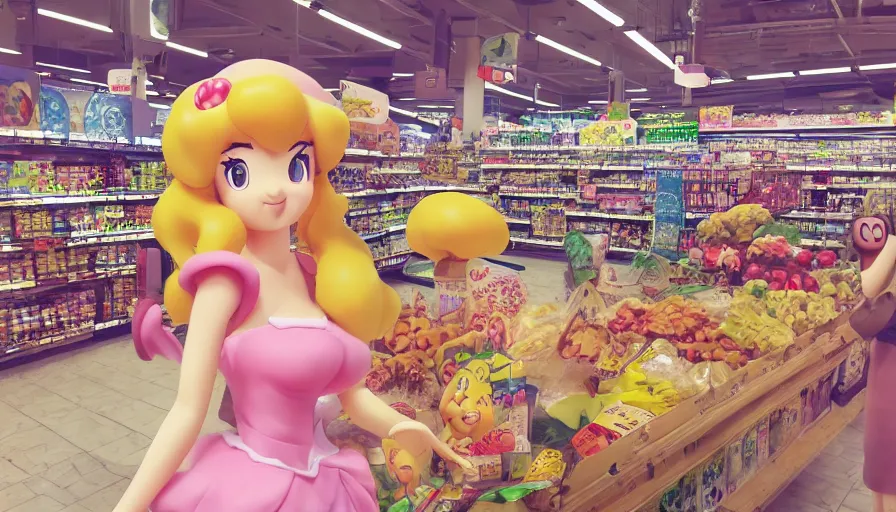 Prompt: photography of princess peach from mario in a grocery store with frock, in the mushroom kingdom, mario theme grocery store around, winter, anime style character, clean soft lighting, backlit beautiful face, clean brush stroke, 8 k character concept art, by wolp and artgerm ， 3 d