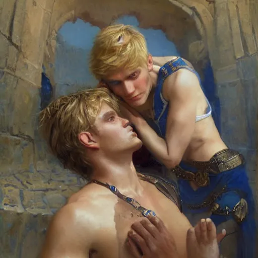 Image similar to attractive male, arthur pendragon who has blond hair confesses his love to attractive male, merlin who has dark hair. highly detailed painting by gaston bussiere, craig mullins, j. c. leyendecker 8 k