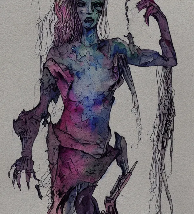 Image similar to a 3 / 4 view watercolor ink painting of a post - apocalyptic mutant sorcerer wearing a dress trending on artstation deviantart pinterest detailed realistic hd 8 k high resolution