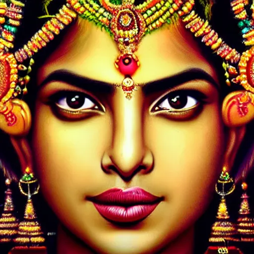 Image similar to Priyanka Chopra as the beautiful Hindu goddess Radha, realistic portrait, 8k resolution, hyper detailed, studio lighting, cinematic