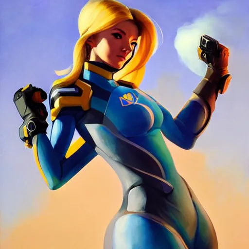 Image similar to Greg Manchess portrait painting o Samus Aran as Overwatch character, medium shot, asymmetrical, profile picture, Organic Painting, sunny day, Matte Painting, bold shapes, hard edges, street art, trending on artstation, by Huang Guangjian and Gil Elvgren and Sachin Teng