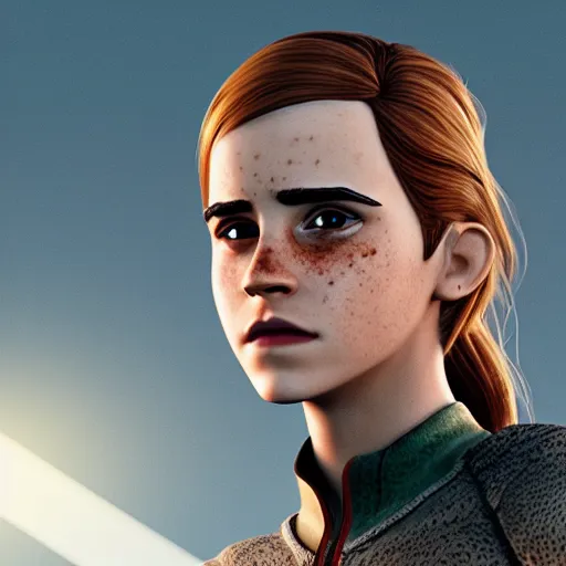 Prompt: textured film grain freckled face emma watson as a pixar character cgsociety octane render unreal engine redshift render trending on artstation trending on artstation render blender behance cg superhero