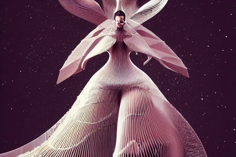 Prompt: walking down the catwalk, stage, podium, vogue, fashion show photo, iris van herpen baroque dress, beautiful woman, perfect body, full body shot, masterpiece, space station, artstation