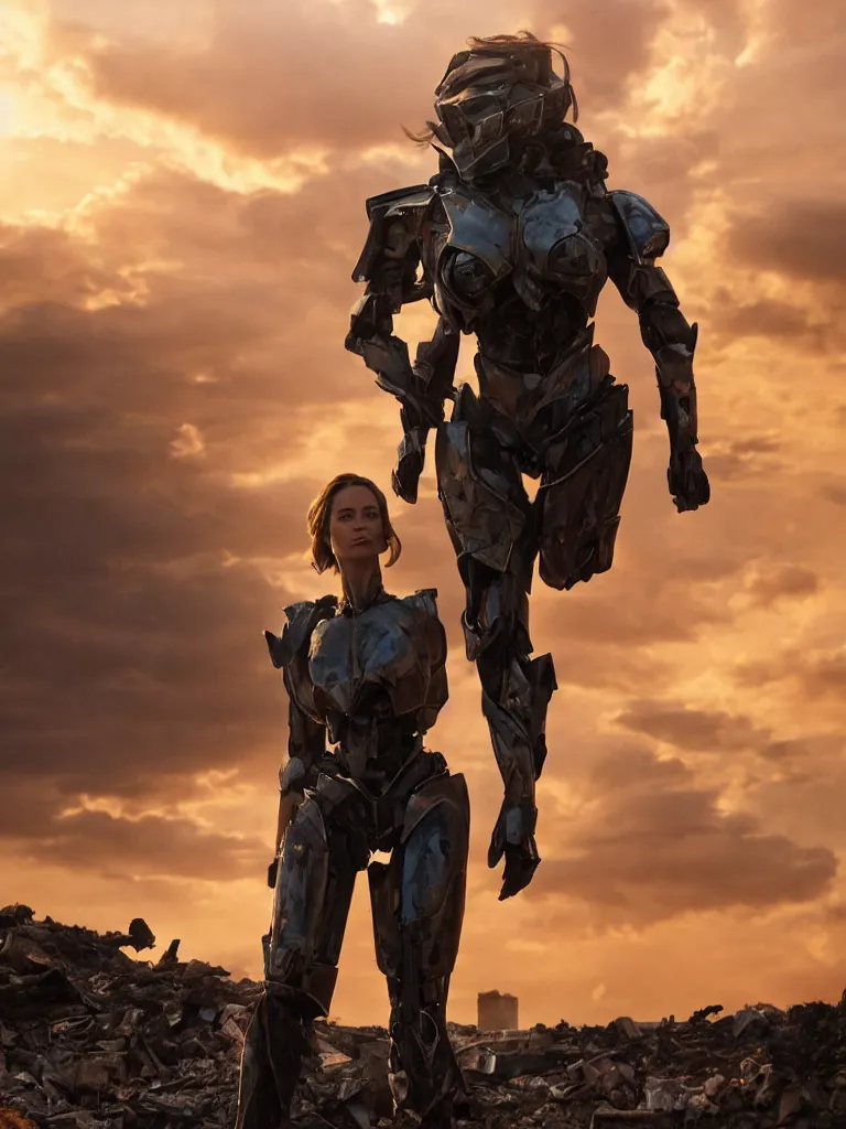 Image similar to emily blunt in futuristic power armor, standing atop a pile of rubble, sunset and big clouds behind her