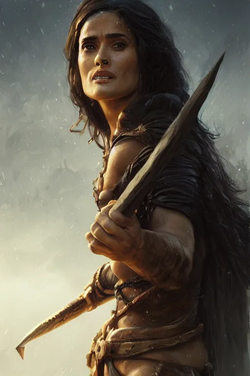 Image similar to portrait, Salma Hayek , barbarian , face portrait, raphael lacoste, eddie mendoza, alex ross, concept art, matte painting, highly detailed, rule of thirds, dynamic lighting, cinematic, detailed, denoised, centerd