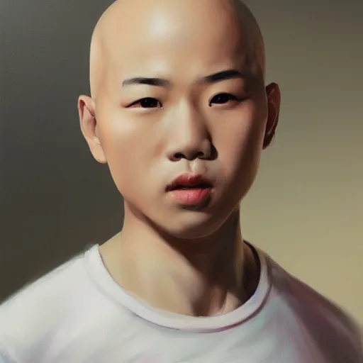 Image similar to bald chinese boy, oil painting, artgerm, portrait, highly detailed, artstation