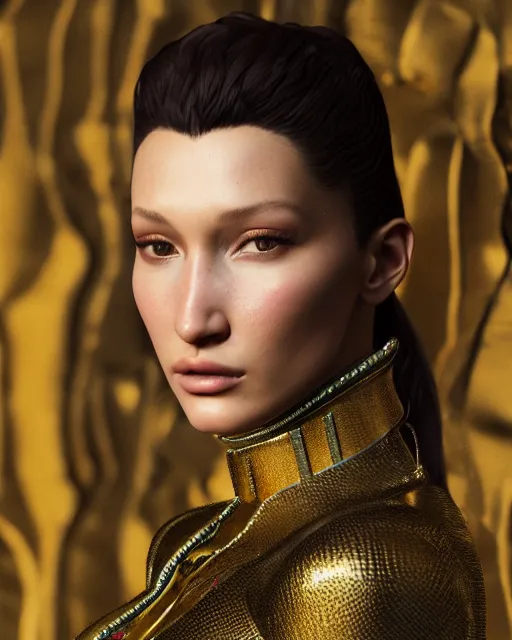 Image similar to a highly detailed metahuman 8 k close up render of bella hadid in gustav klimt style trending on artstation made in unreal engine 4