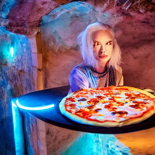 Image similar to cinematic photo of a beautiful albino koi fish woman lit with saturated split colour blue and dusty pink lighting serving pizza in a grotto restaurant