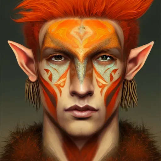 Image similar to portrait painting of an elven eladrin young man with short light orange hair and freckles and tribal tattoos on his cheekbones wearing fancy fur armor, sharp focus, award - winning, trending on artstation, masterpiece, highly detailed, intricate. art by merwild and ernesto irawan and rachel denton