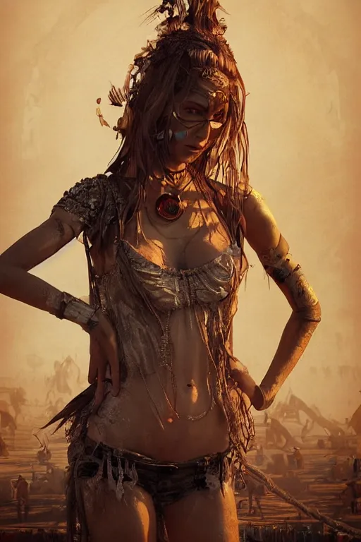 Image similar to a centered photo of a post apocalyptic supermodel goddess at burning man festival playa, powerful, cinematic, beautifully lit, by artgerm, by craig mullins, by karol bak, 3 d, perfect face and body, trending on artstation, octane render, 8 k