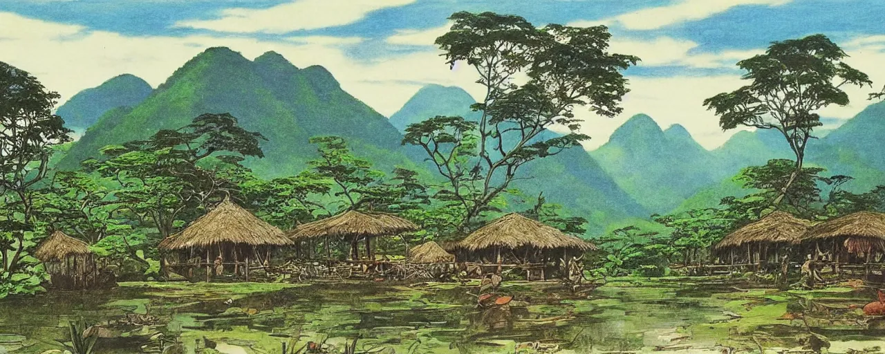 Image similar to a 2D drawing of a beautiful Philippine Rural Town landscape, majestic and exotic, by hiroshi yoshida