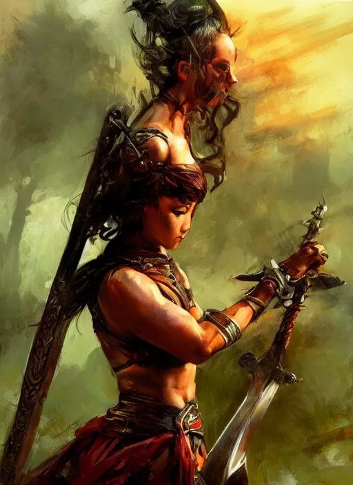 Prompt: hyper realistic warrior girl with sword in her hand, full body, rule of thirds, human proportion, good anatomy, beautiful face, conceptart, saturated colors, cinematic, vallejo, frazetta, royo, rowena morrill,