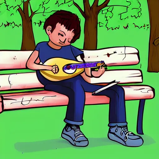 Prompt: a boy sitting on a bench in the park writing in his notebook, a guitar is next to him on his bench, digital art