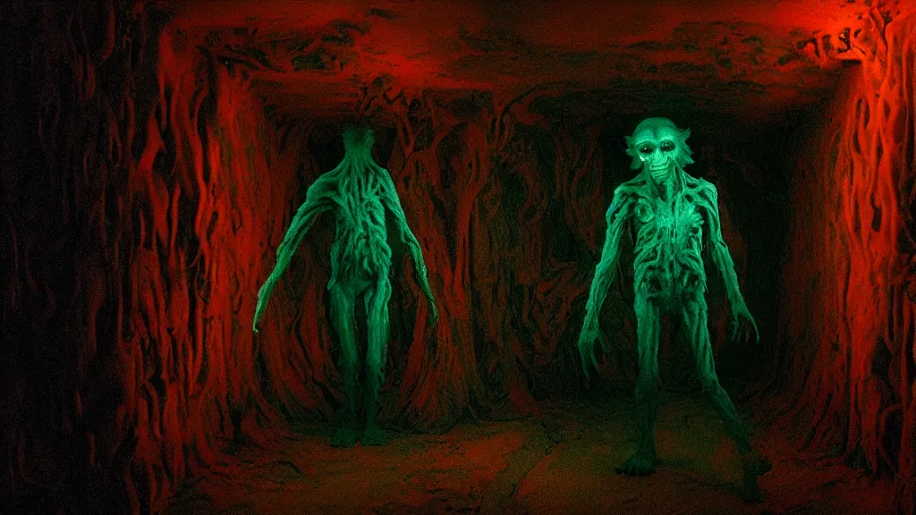 Prompt: the creature in the basement, made of glowing wax and ceramic, surrounded by friendly faces, film still from the movie directed by denis villeneuve and david cronenberg with art direction by salvador dali and zdzisław beksinski, wide lens