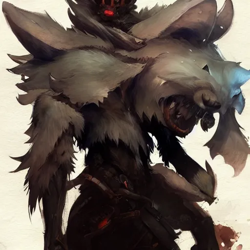 Image similar to concept art of anthropomorphized wolf fullbody, night theme, highly detailed painting by dustin nguyen, akihiko yoshida, greg tocchini, 4 k, trending on artstation, 8 k