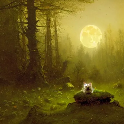 Image similar to an oil painting of a hedgehod sitting in a moonlit forrest with a clear sky and visible stars. By carl spitzweg tuomas korpi and greg rutkowski