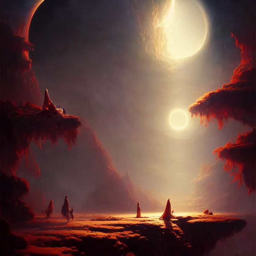 Image similar to giant shining crescent in a magic fluffy persian carpet dimension, by greg rutkowski and gaston bussiere, dim lighting, beautiful volumetric - lighting - style atmosphere, surreal atmosphere, intricate, detailed, photorealistic imagery, artstation