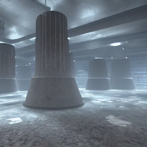 Prompt: underground ruins of a NASA launch tower, pale blue foggy ambient lighting, volumetric lighting, unreal engine