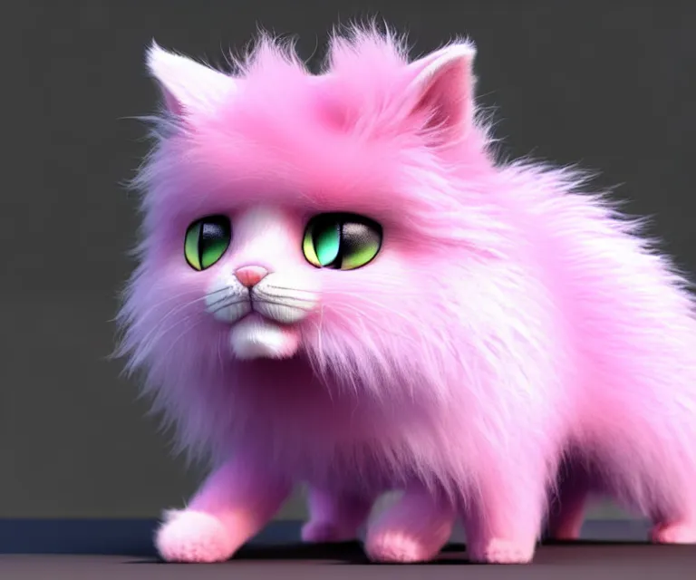 Image similar to high quality 3 d render hyperrealistic very cute small cat, plush mascot, short spiky dense fluffy smooth hair, photo from the side, pink fluffy fur, 1 5 0 mm, beautiful natural soft light, rim light, vray, smooth background, artstation, ultra detailed