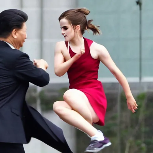 Image similar to emma watson dropkicks xi jinping, journalistic footage, 4 k