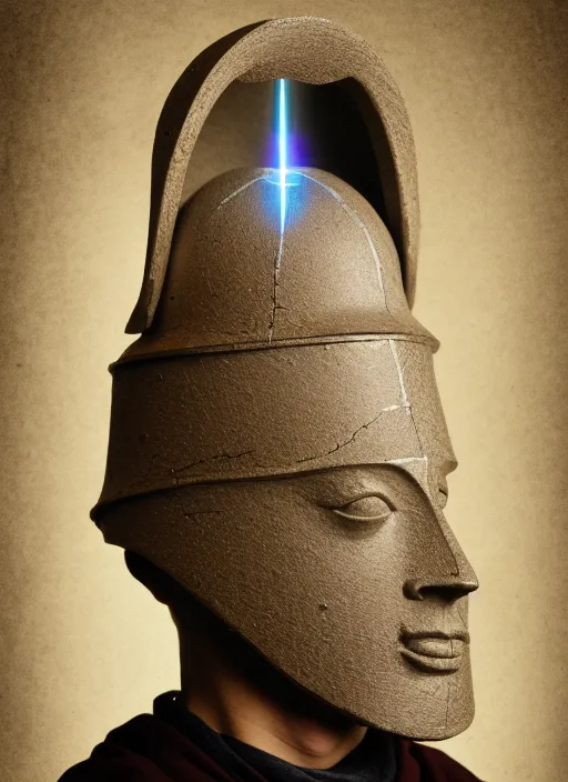 Image similar to realistic photo portrait of a a scientist ritual monk medieval clerical sculpture cone hat helmet made of wood, with plastic details detailed, covered in tesla electricity laser beam aura, sci - fi, greyscale 1 9 9 0, life magazine photo, natural colors,